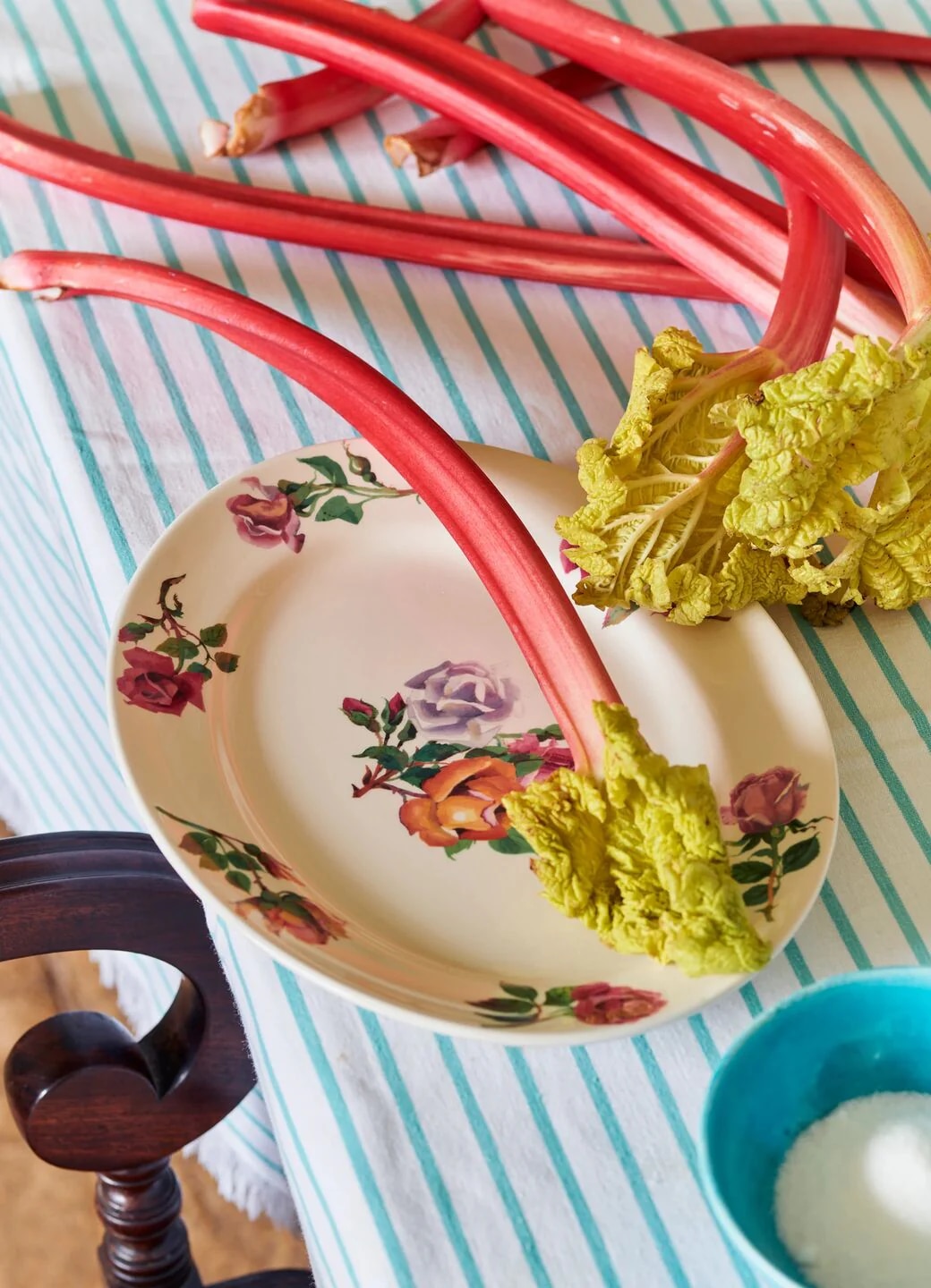 Emma Bridgewater platter with rhubarb on table 