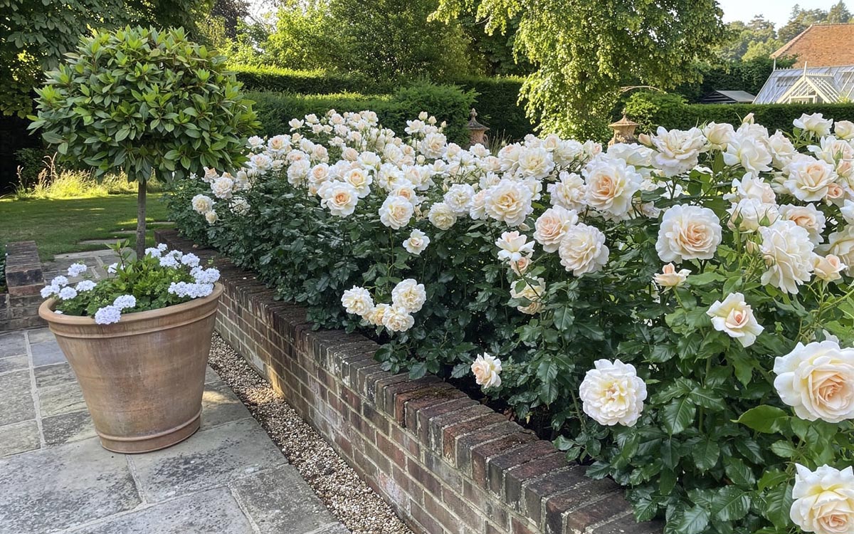 A mass planting of 'Chandos Beauty' roses in Mary Berry's garden.