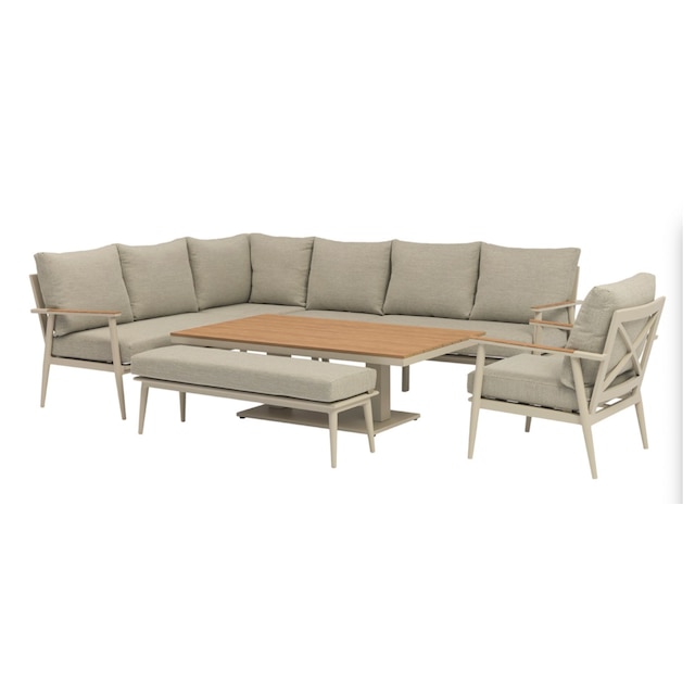 RHS Wisley mocha L-shape sofa with rectangle piston adjustable height table, bench & chair