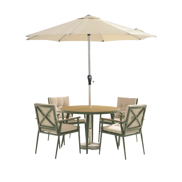 RHS Wisley sage 4 seat round dining set with parasol & base