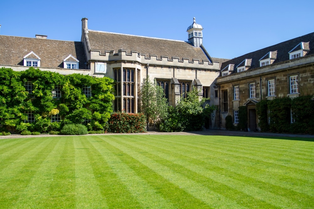 Christ’s College, Cambridge, shines in the summer sun with its immaculate lawn